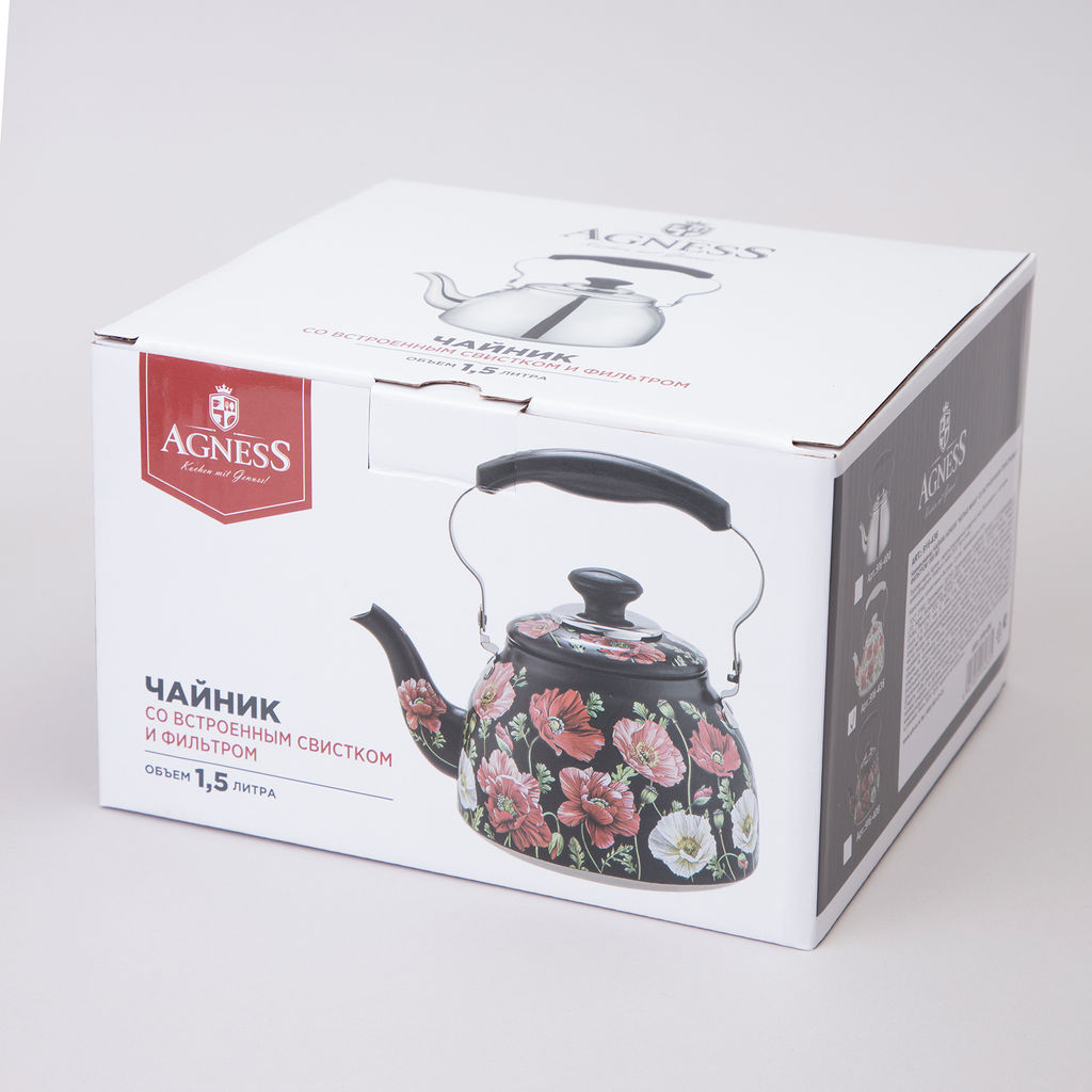 ЧАЙНИК AGNESS БЕЛЫЕ МАКИ СО ВСТРОЕННЫМ СВИСТКОМ И ФИЛЬТРОМ 1500 МЛ  фото 2