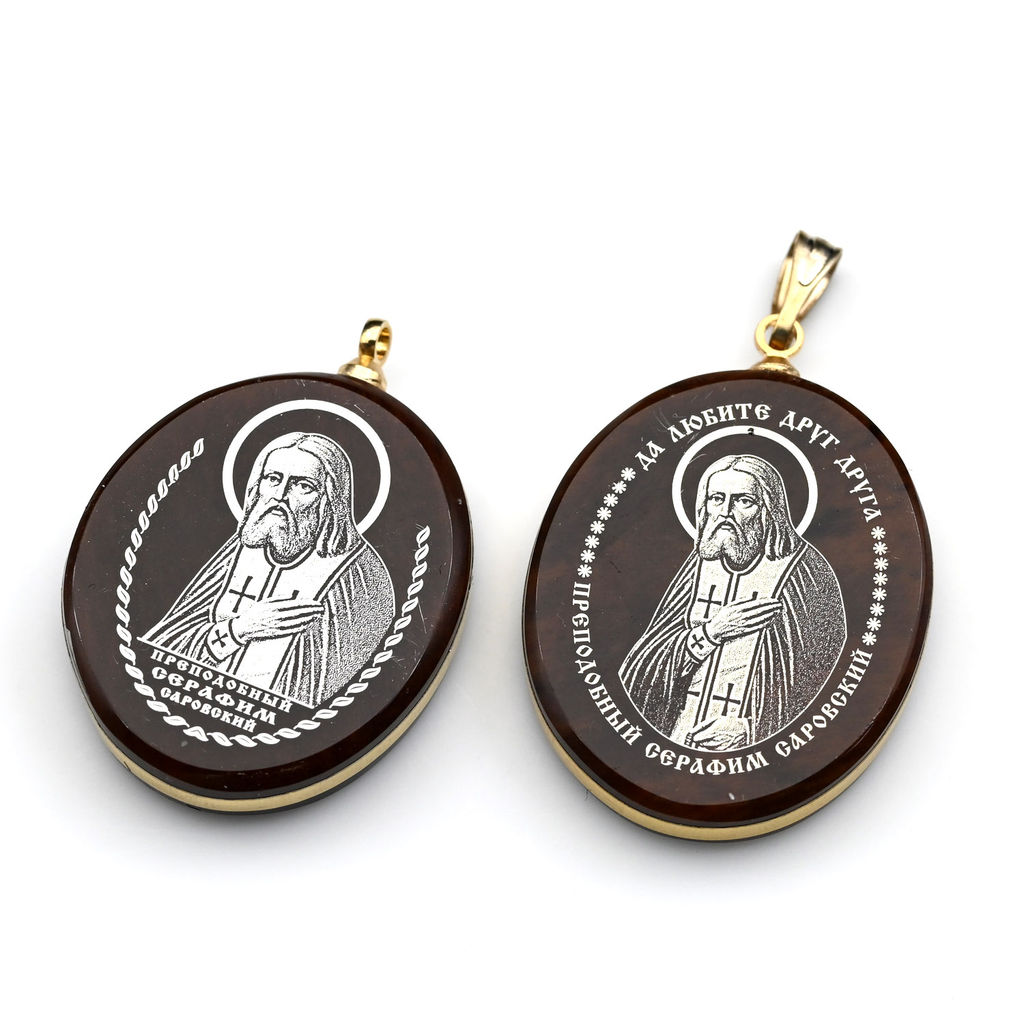 Кулон из обсидиана овал с окантовкой " Серафим Саровский" 20*30мм