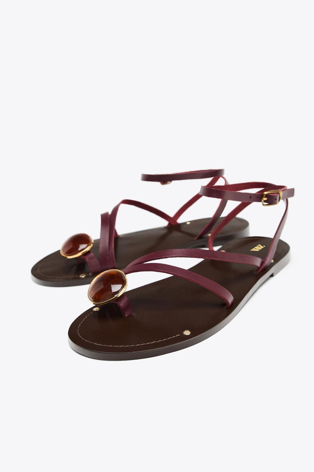 FLAT LEATHER SANDALS WITH STRAPS AND DECORATION - Zara фото 8