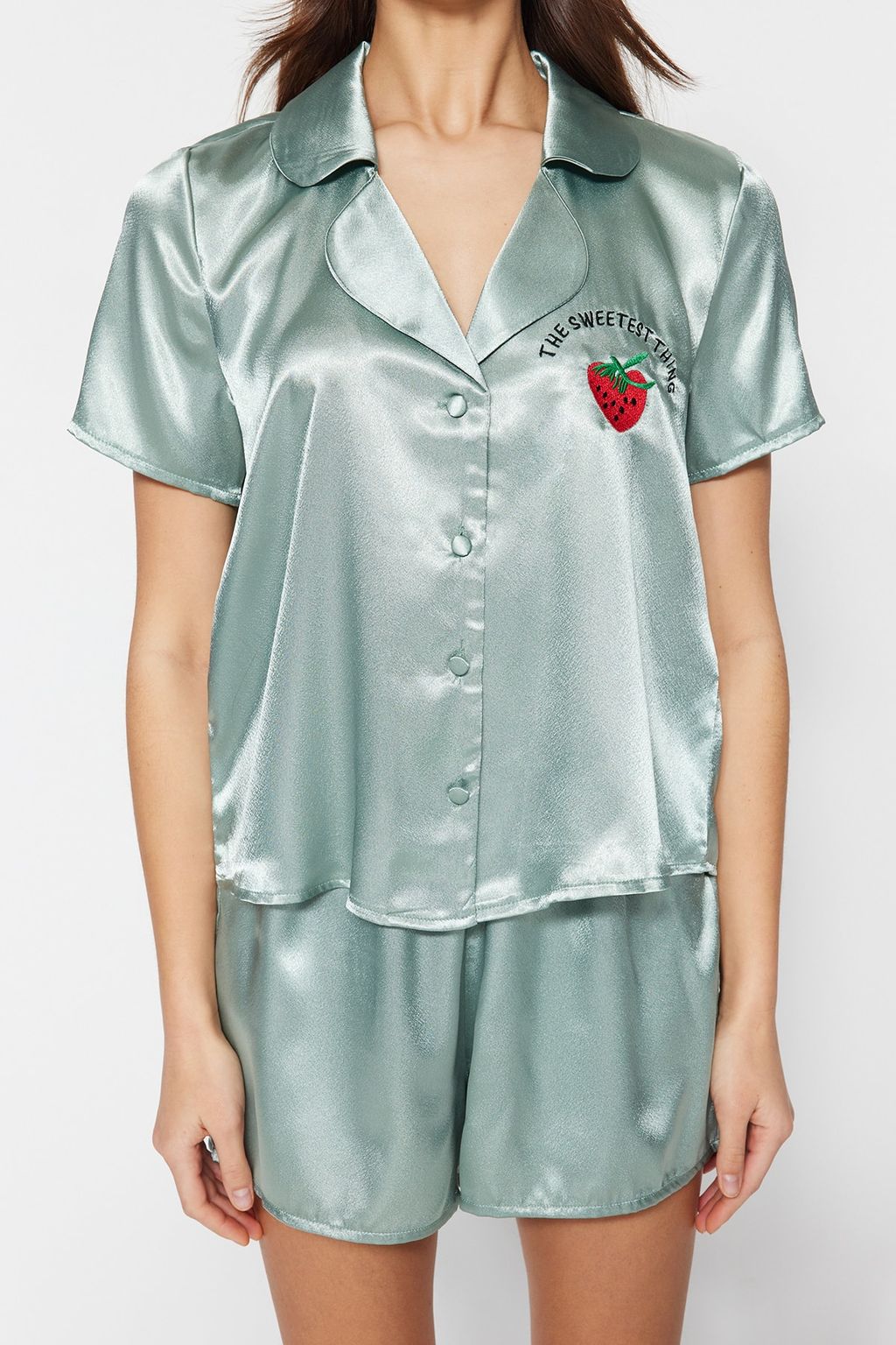 Trendyolmilla Siyah Cilek ve Slogan Nak?sl? Saten Sortlu Dokuma Pijama Tak?m? THMSS22PT0395 фото 22