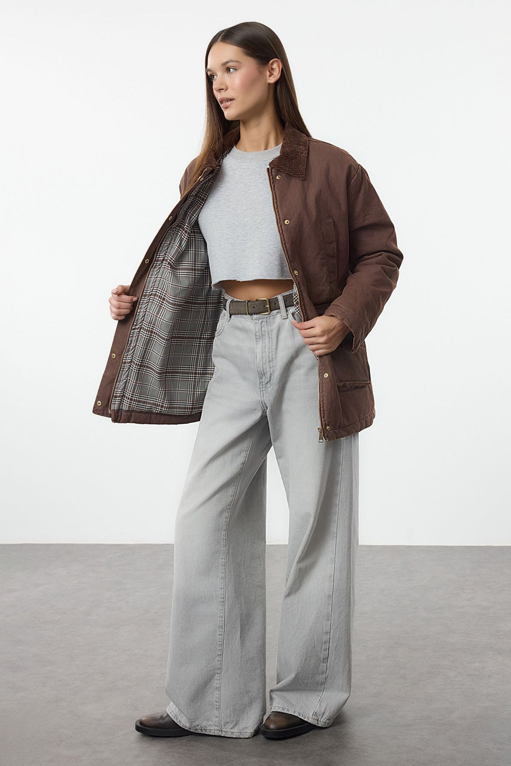 Kahverengi Regular Kal?p Mumlu Gabardin Yakas? Kadife Ekose Astarl? Ceket Mont TWOAW25MO00312 - Trendyolmilla фото 2