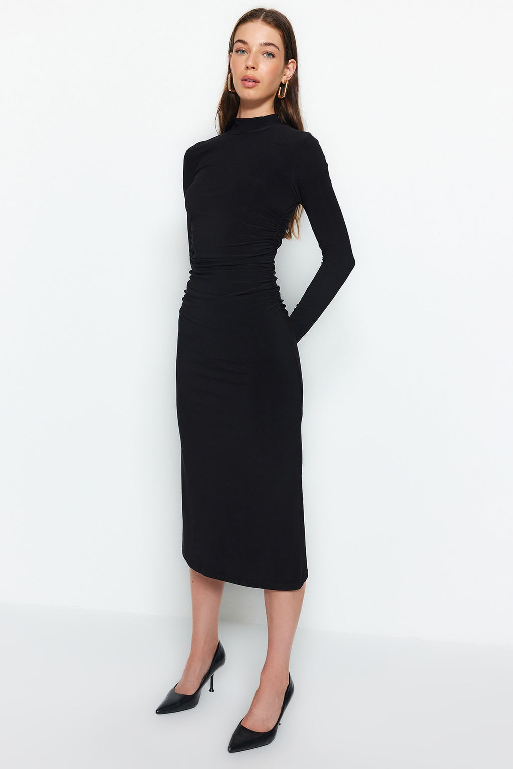 TRENDYOLMILLA Mavi Duz Drape Detayl? Dik Yaka A-Line Esnek Midi Orme Orme Elbise TWOAW24EL00133 фото 3