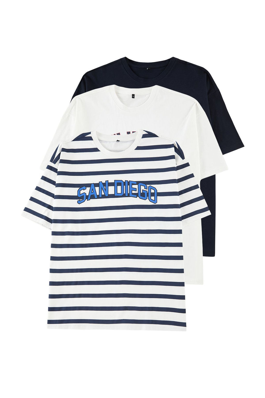 TRENDYOL MAN Lacivert Oversize/Genis Kesim 3lu Paket Bask?l?, Cizgili, Duz %100 Pamuklu T-Shirt TMNSS25TS00073