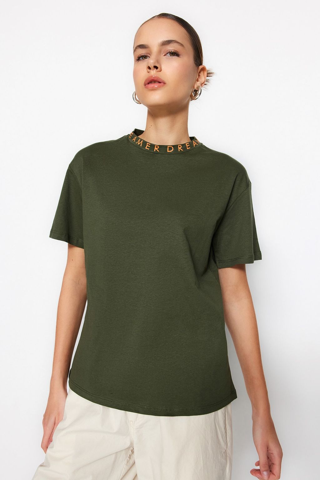 Yesil %100 Pamuk Regular/Normal Kal?p Slogan Bask?l? Basic Dik Yaka Orme T-Shirt TWOAW20TS0099