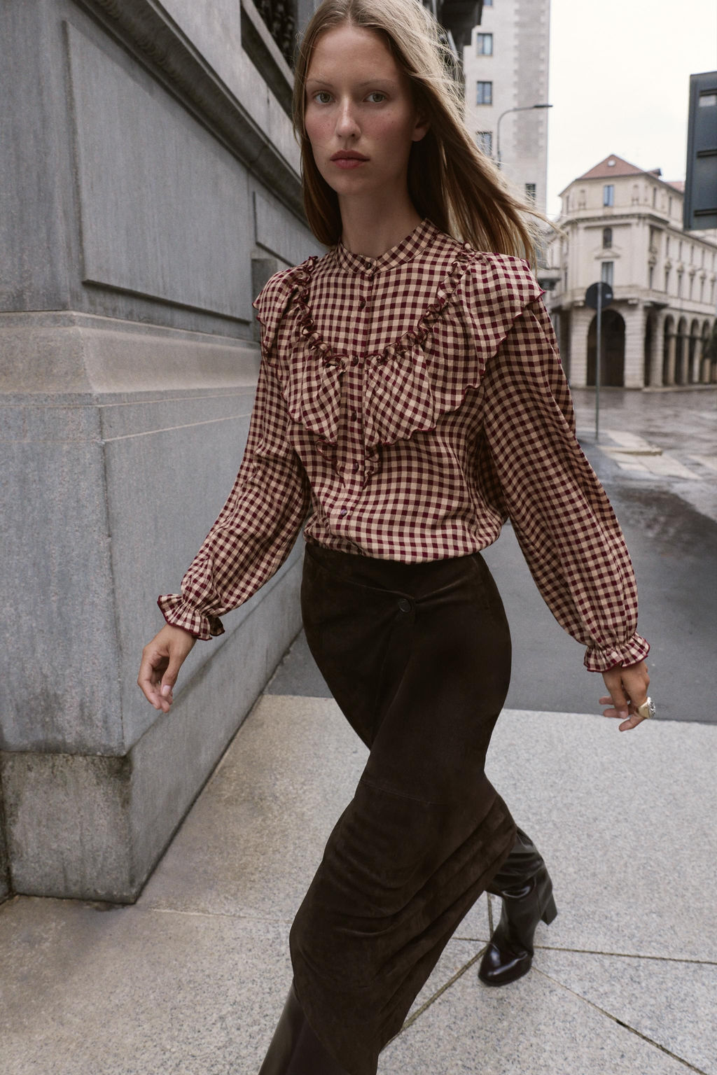BLUSA VOLANTES CUADROS / Burgundy - Zara фото 6