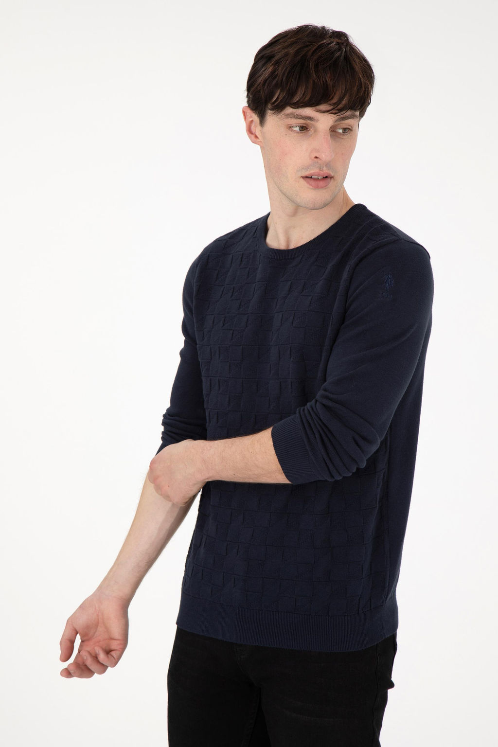 Erkek Slim Fit Bisiklet Yaka Lacivert Basic Kazak
