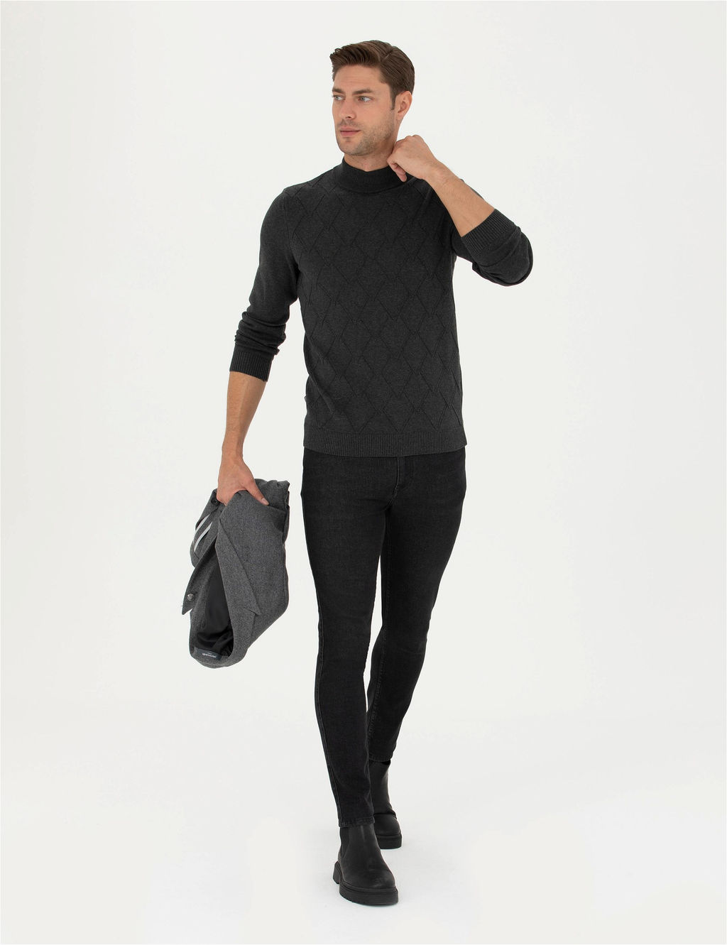 Antrasit Melanj Slim Fit Yar_m Bal_k__ Yaka Triko Kazak