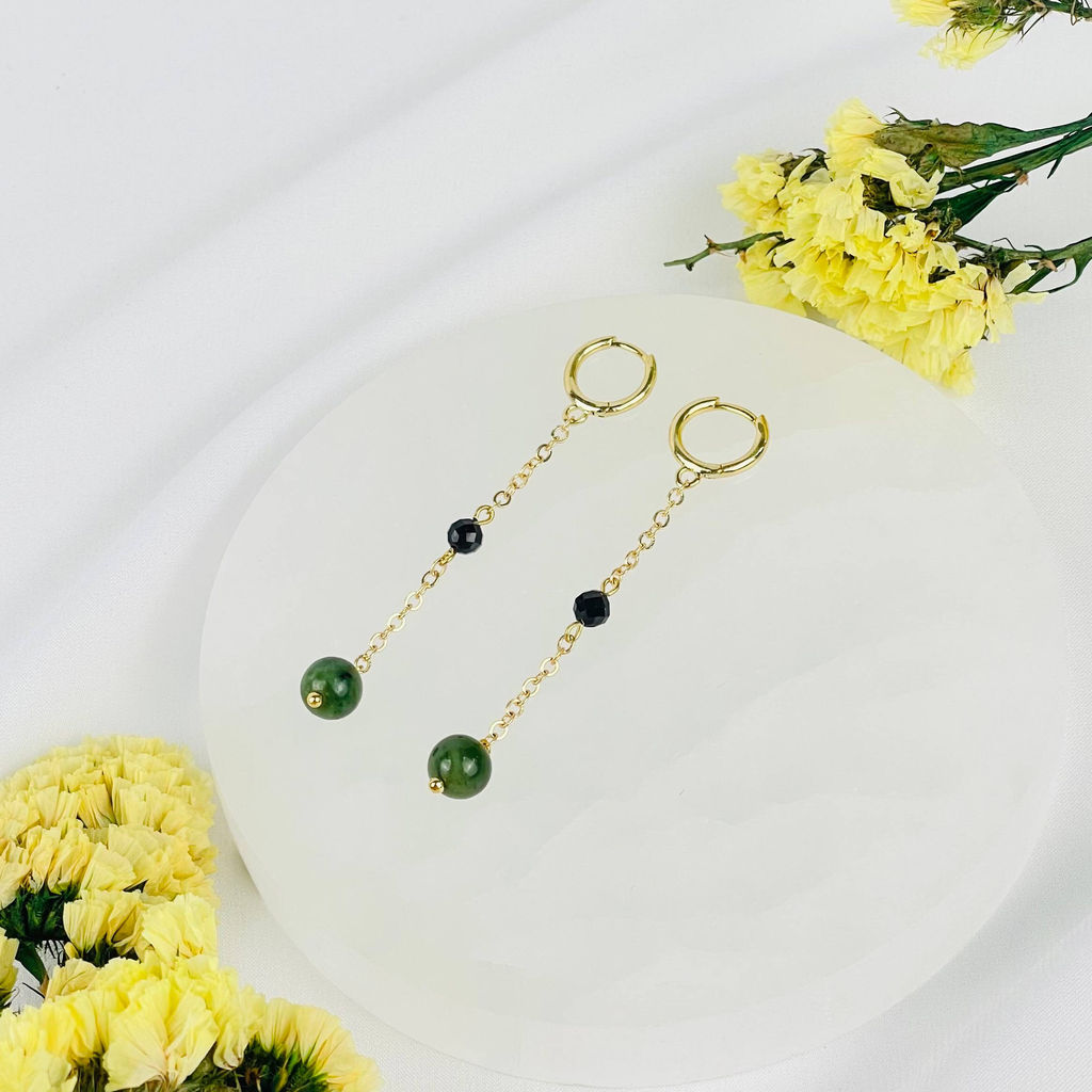 Серьги на цепочке из Нефрита и Шпинели