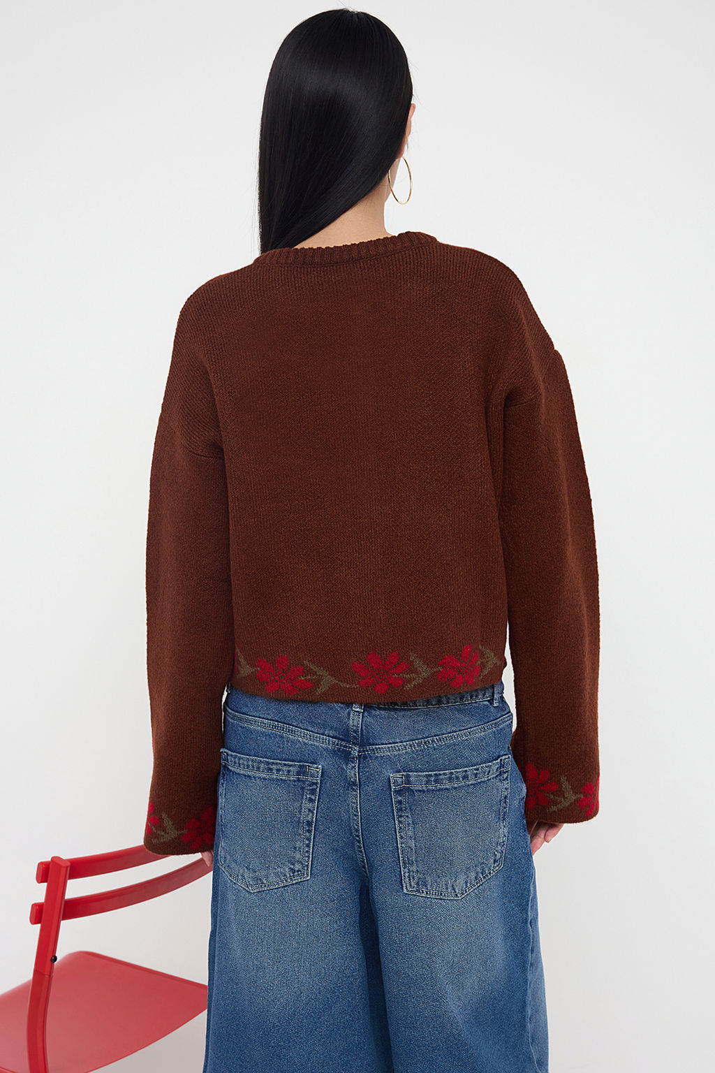 Kahverengi Yumusak Dokulu Cicek Desenli Triko H?rka TWOAW26HI00152 - Trendyolmilla фото 4