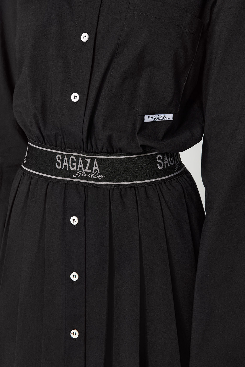 Trendyolmilla X Sagaza Studio Siyah Belden Ac?lan/Skater Beli Lastikli Piliseli Poplin Elbise TCLAW24EL00000