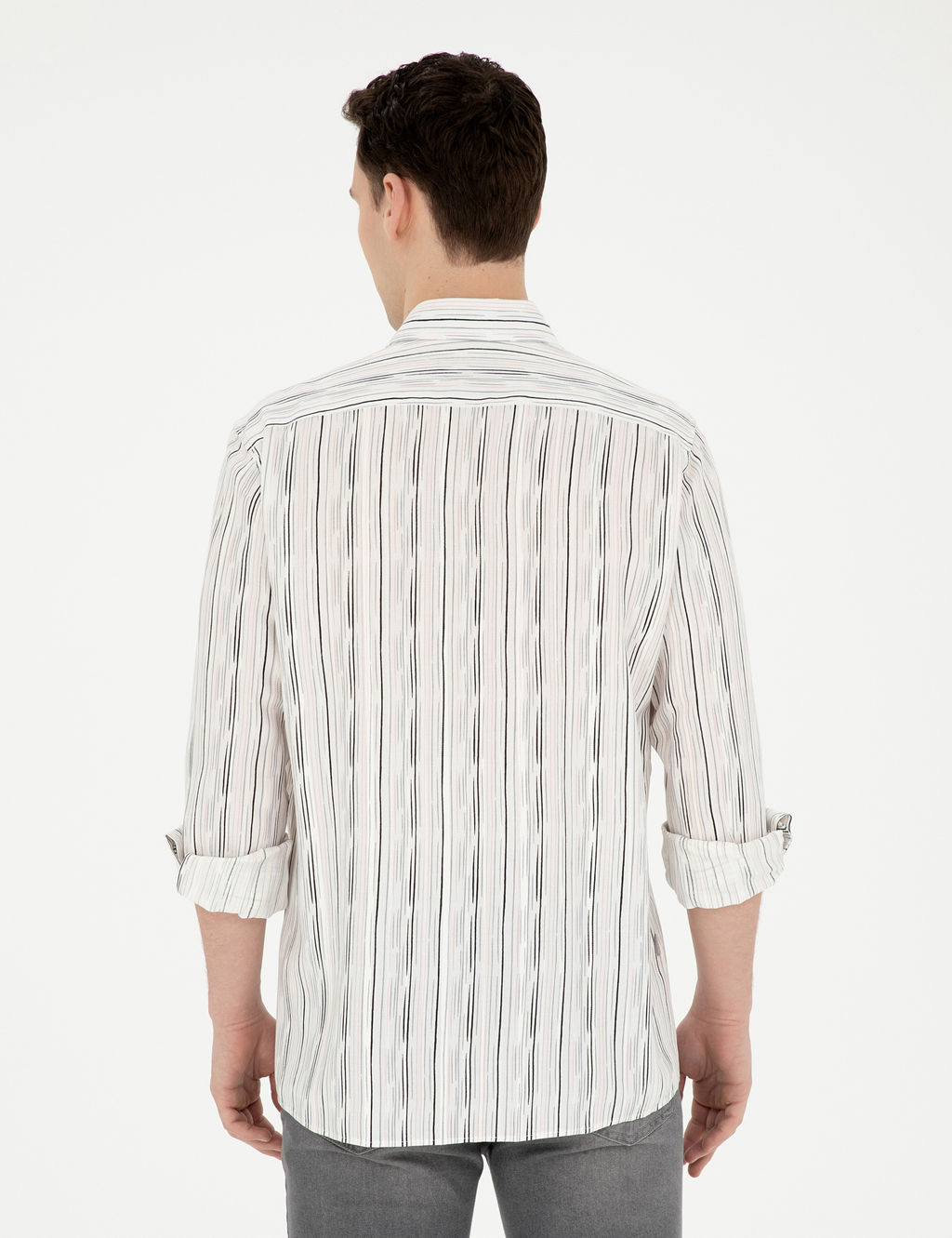 Siyah Keten Kar___ml_ Slim Fit Uzun Kollu G_mlek