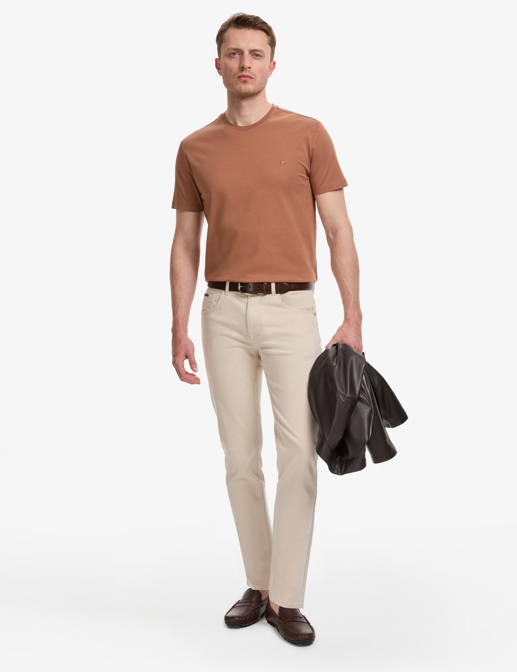 A__k Kahverengi Slim Fit %100 Pamuk Bisiklet Yaka Basic Ti__rt