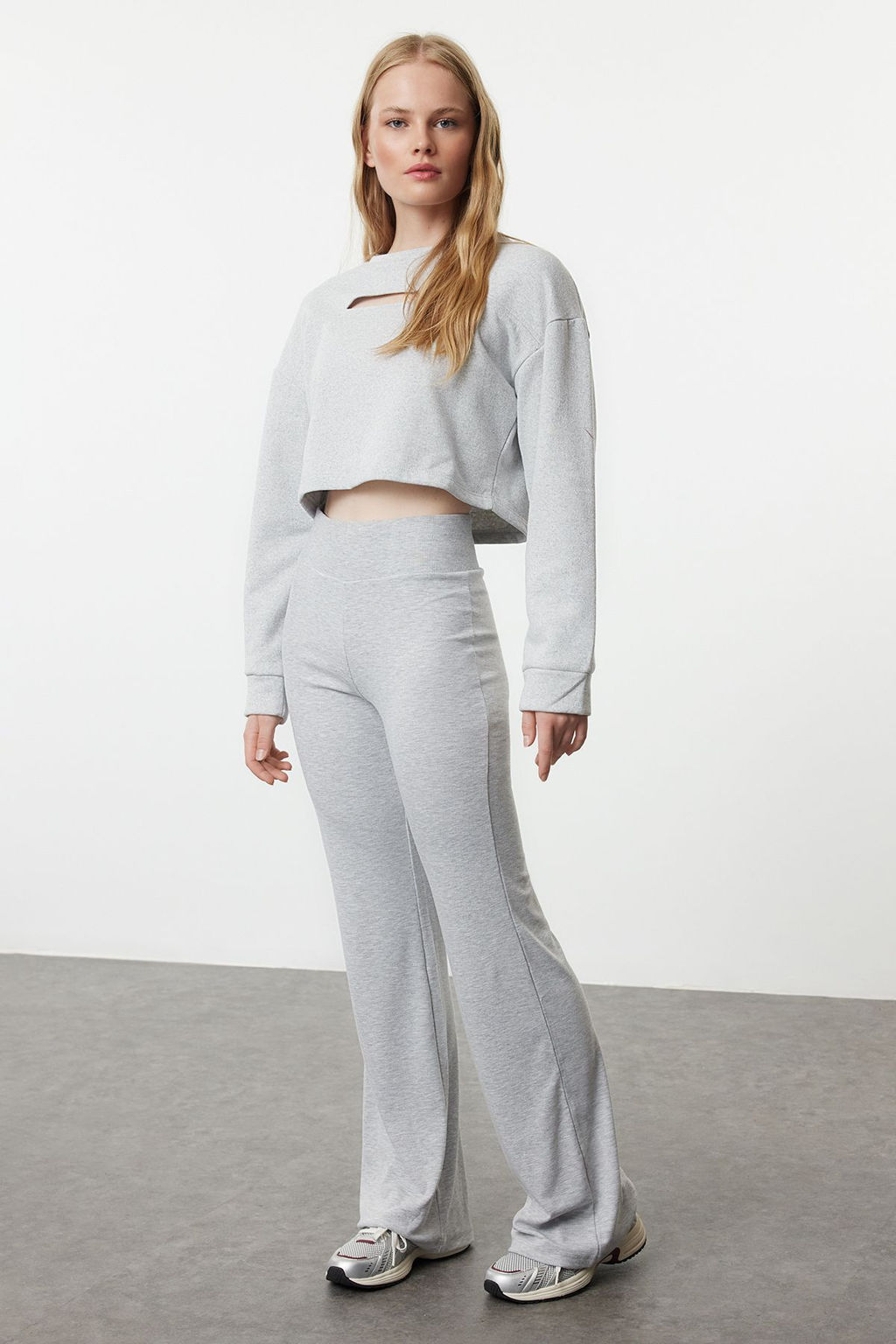 Gri Melanj Wide Leg/Ispanyol Paca Yuksek Bel Interlok Esnek Orme Pantolon TWOAW25PL00006
