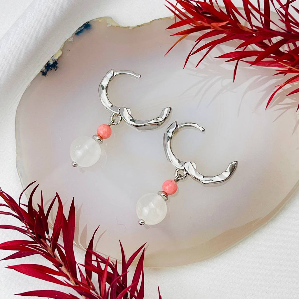 Серьги двойные из Селенита и Коралла