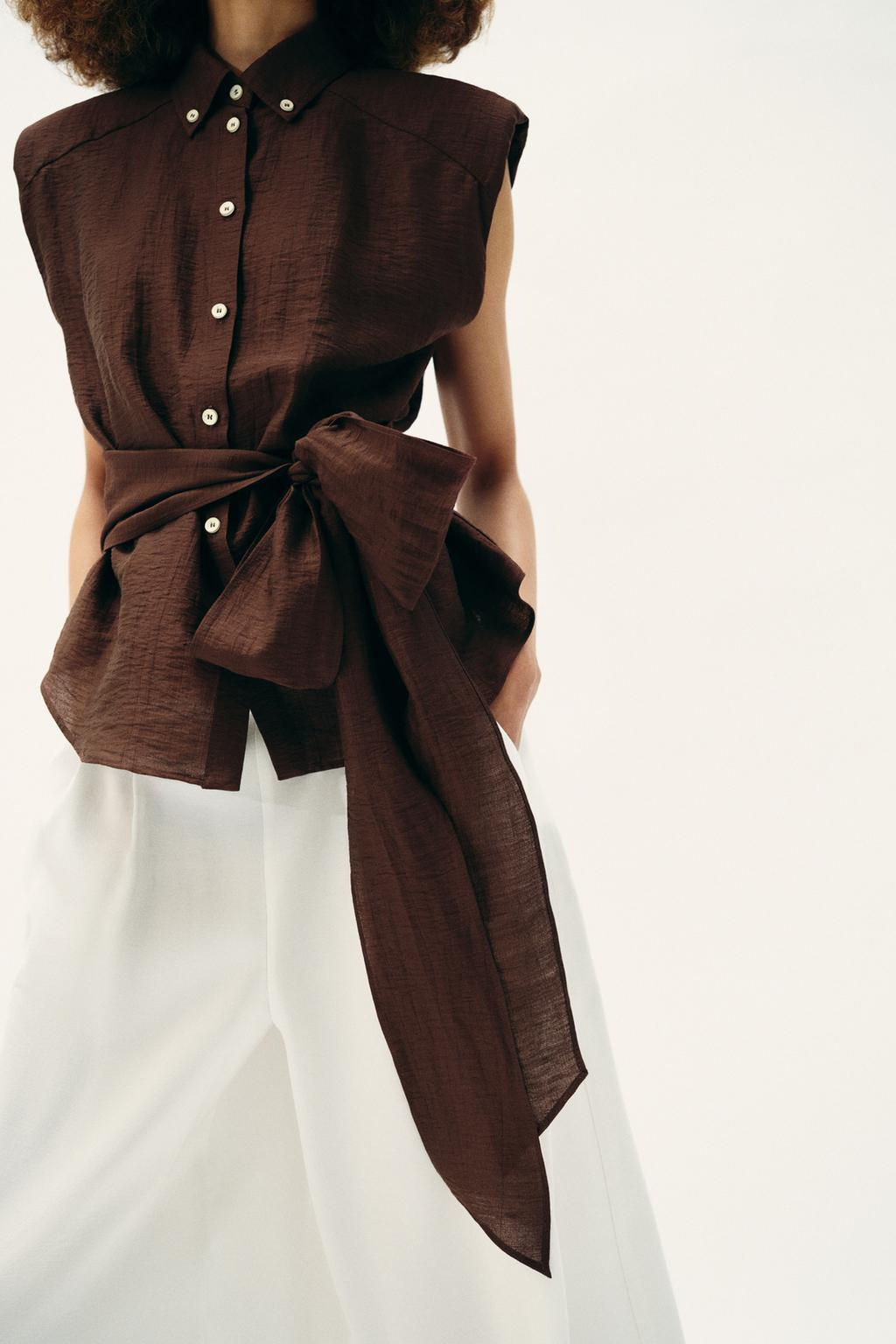 LINEN BLEND SHOULDER PAD TOP WITH BELT - Zara фото 4