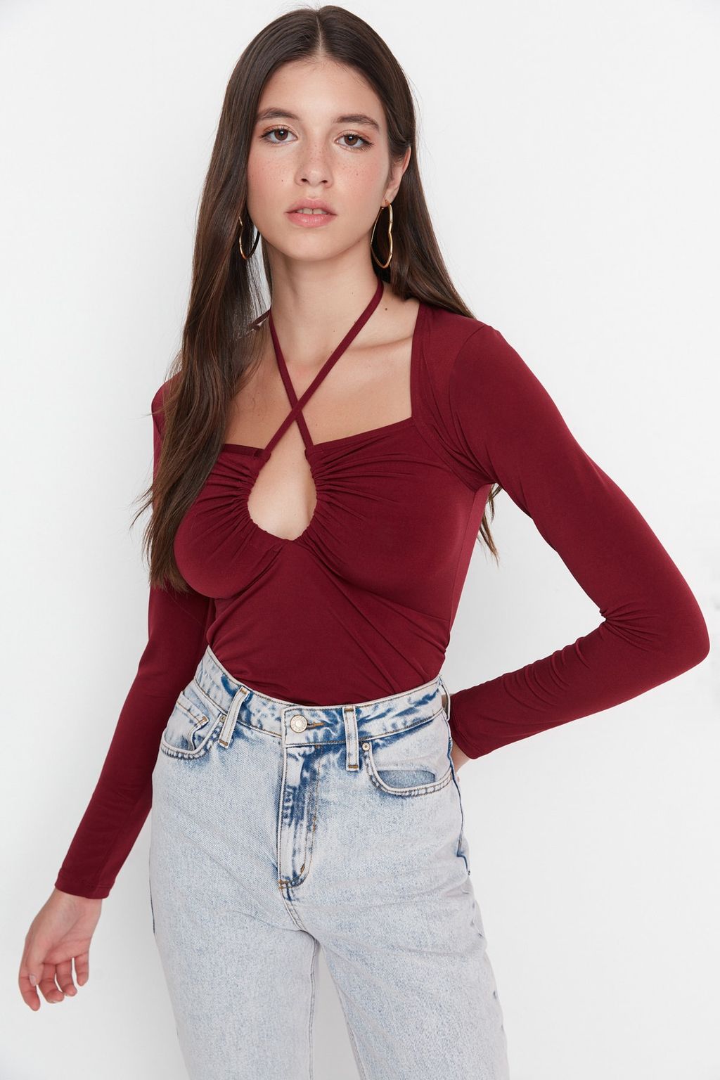 Bordo Fitted/Vucuda Oturan Boyundan Baglamal? Esnek Orme Bluz TWOAW23BZ00093