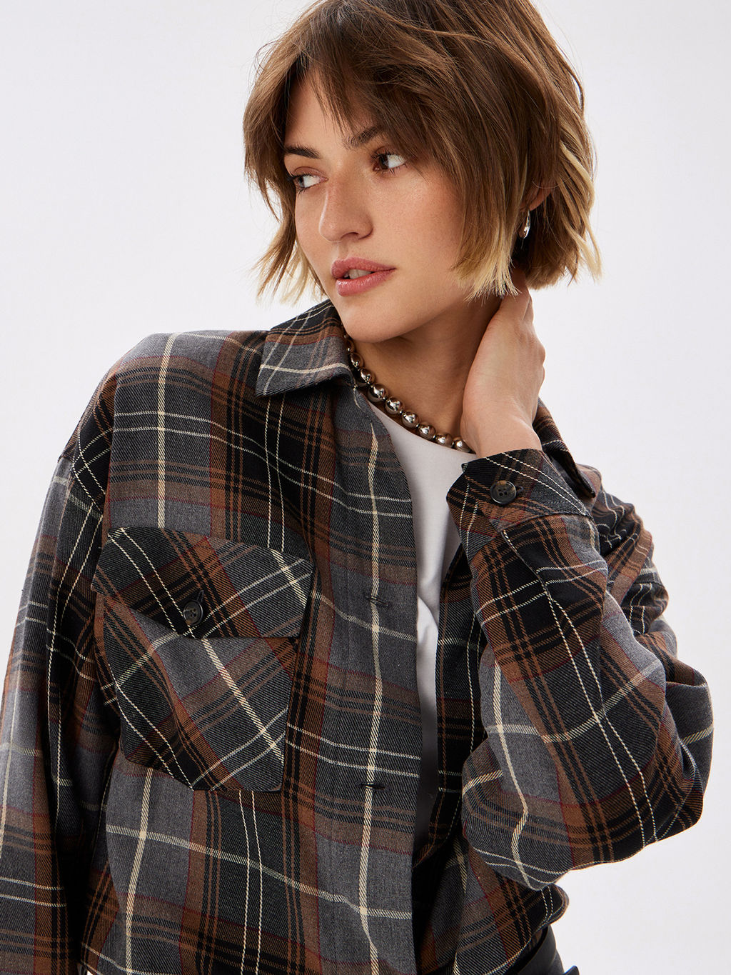 Блузка женская дл. рук. T-lab TL-B-0036F-FR-серо-коричневый, клетка  фото 2