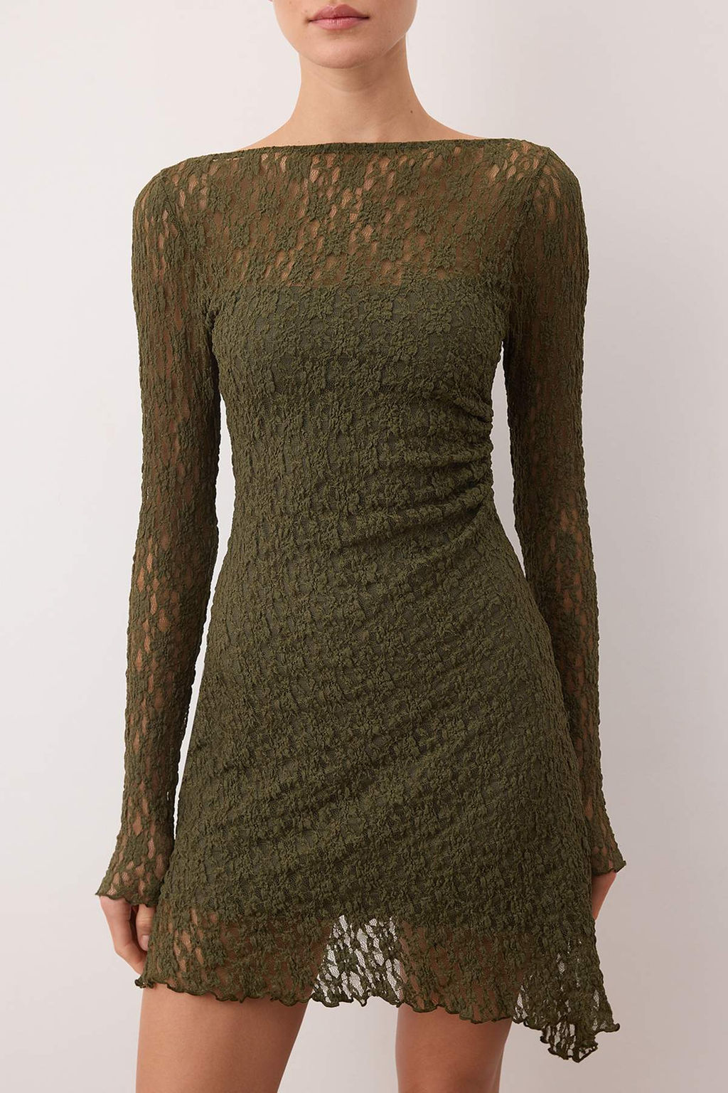 Kahverengi S?rt Dekolteli Asimetrik Detayl? Mini/K?sa Dantel Esnek Orme Elbise TWOSS25EL00903 - Trendyolmilla фото 9