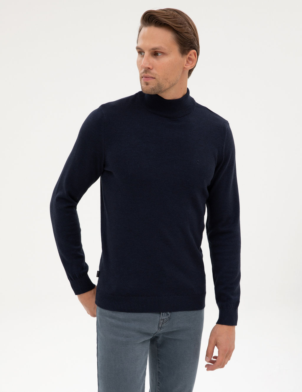 Lacivert Melanj Slim Fit Yar_m Bal_k__ Yaka Basic Triko Kazak