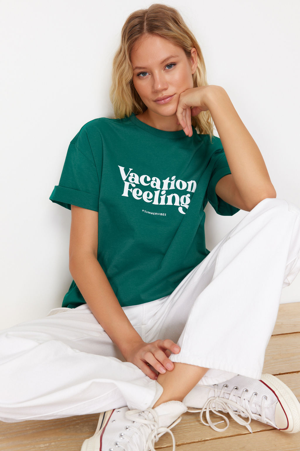 TRENDYOLMILLA Beyaz Bask?l? Premium %100 Pamuk Relaxed/Rahat Kesim Orme T-Shirt TWOSS24TS00178  фото 7