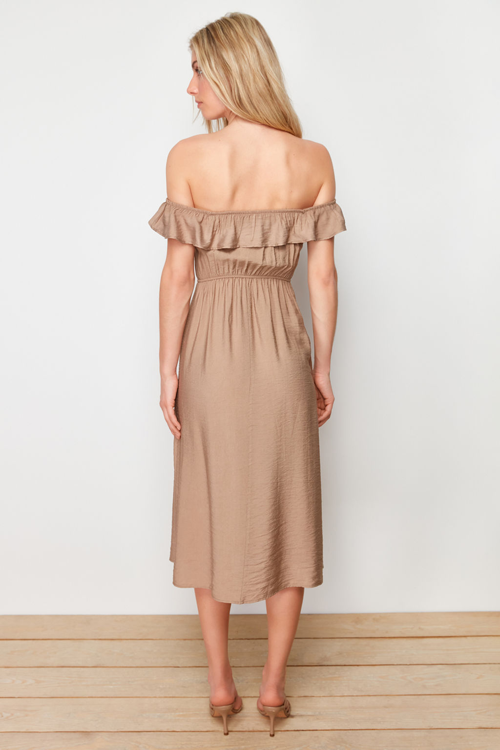 Vizon Duz Kesim Carmen Yaka Keten Gorunumlu Maxi Dokuma Elbise TWOSS24EL00691 - Trendyolmilla фото 6