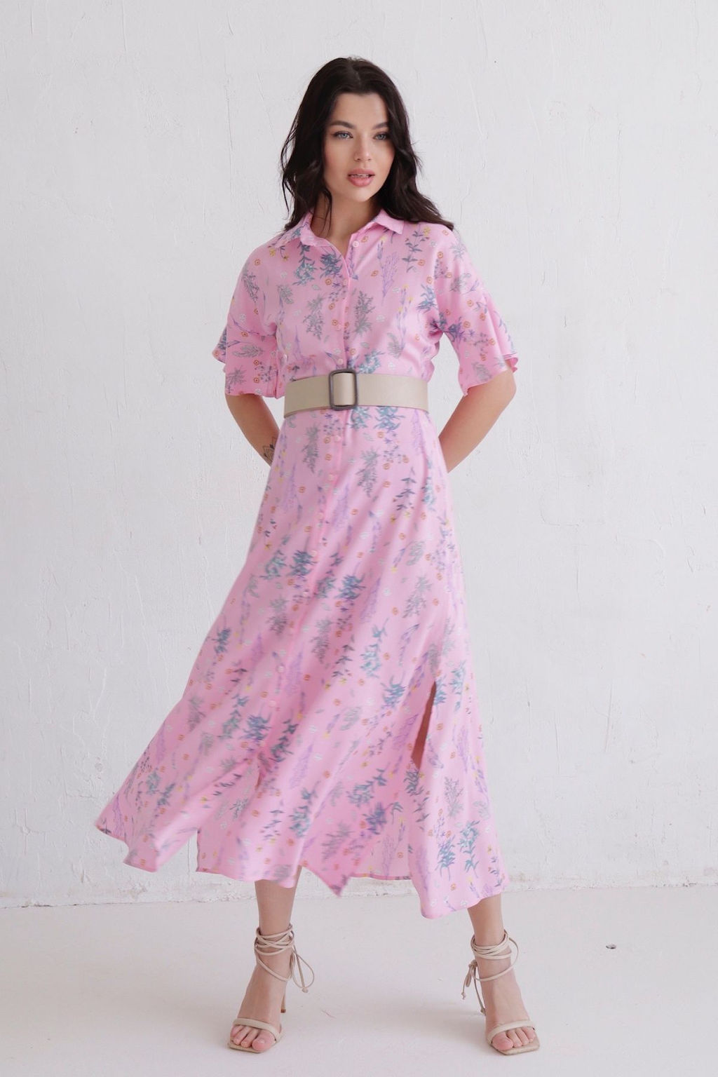 Платье-рубашка удлинённое розовое с принтом - Martichelli фото 2