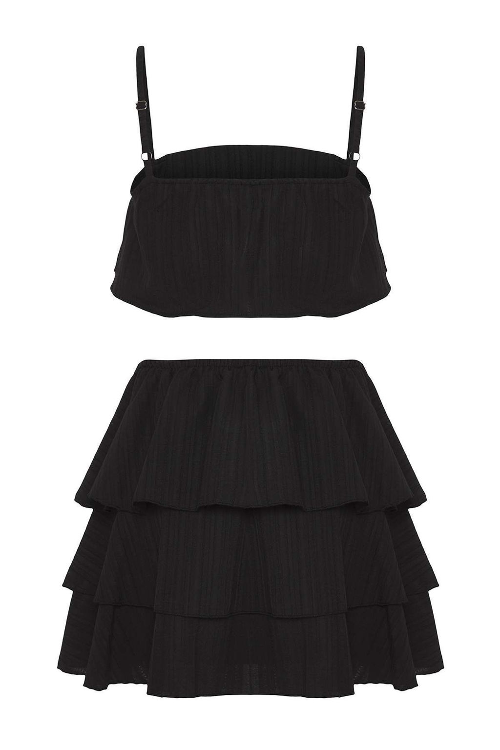 Siyah Dokuma F?rf?rl? %100 Pamuk Plaj Bluz-Etek Tak?m TBESS25AU00106