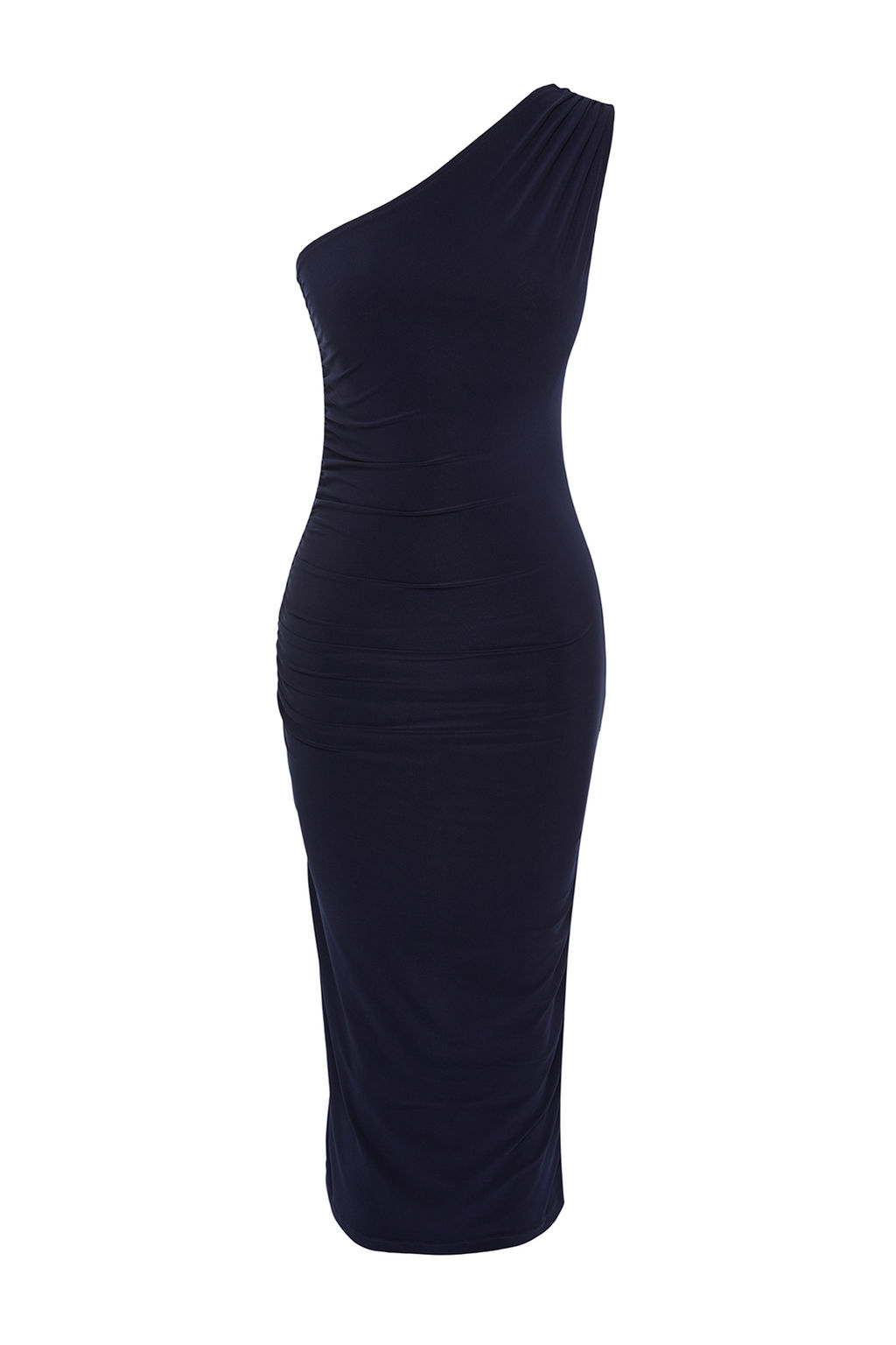 Lacivert Tek Omuzlu Drapeli Fitted/Vucuda Oturan Maxi Esnek Orme Midi Kalem Elbise TWOSS24EL00100