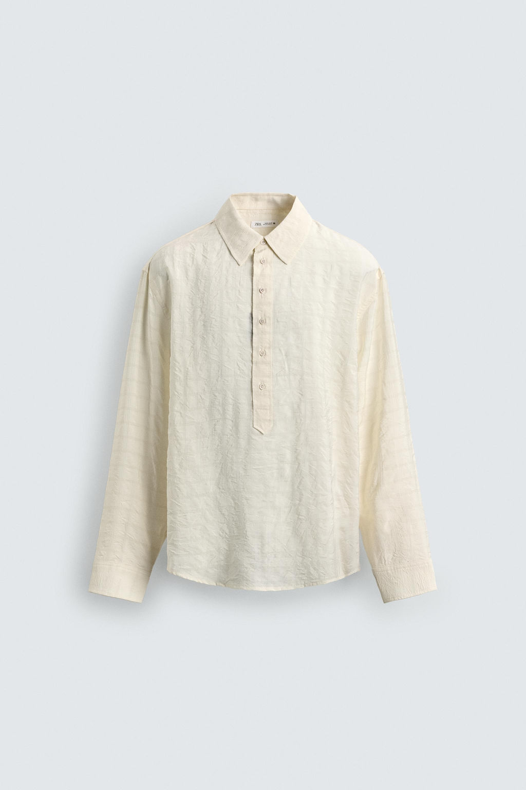 CAMISA POLO JACQUARD CUADROS EFECTO ARRUGADO / Blanco roto - Zara фото 7