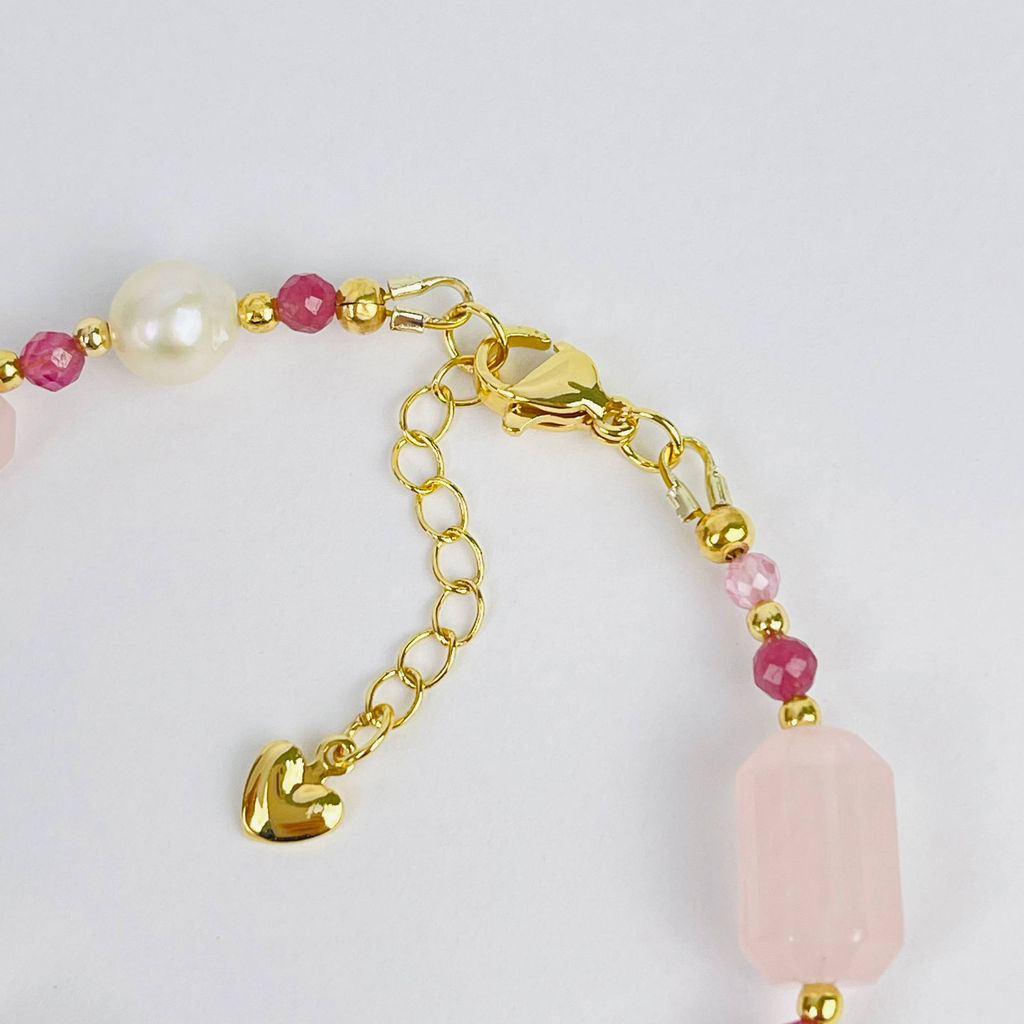 Браслет из Розового кварца, Турмалина и Жемчуга 17 см +