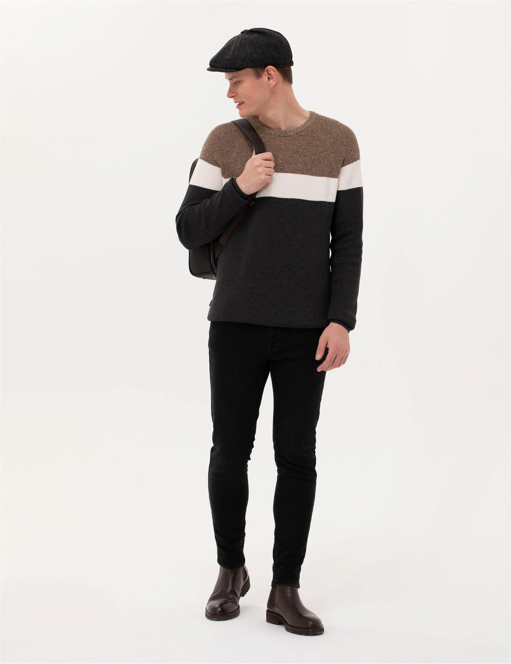 Kahverengi Slim Fit Bisiklet Yaka Triko Kazak