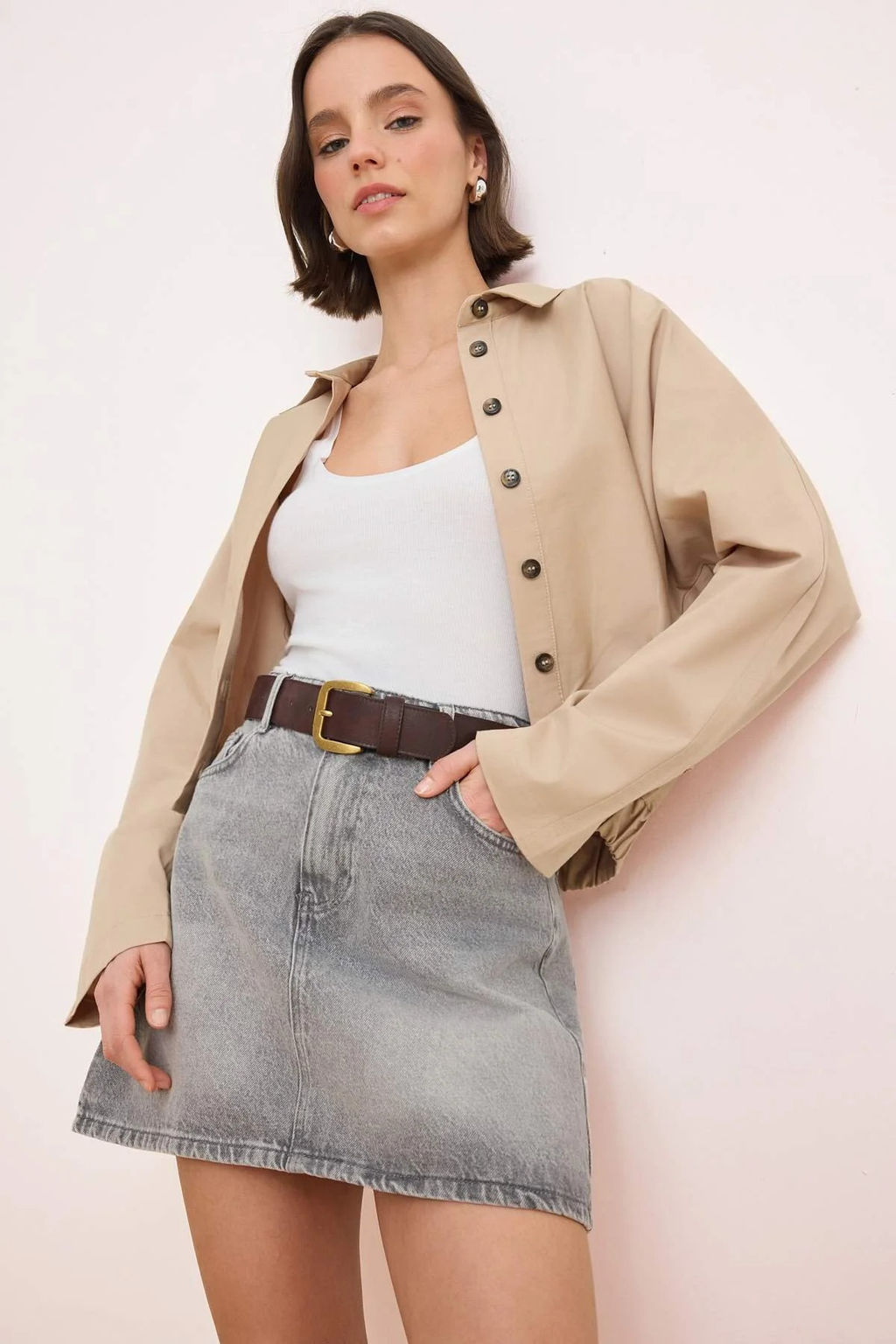 Bej Dugmeli Beli Lastikli Ince Mevsimlik Poplin Ceket TWOSS26CE00036 - Trendyolmilla фото 8