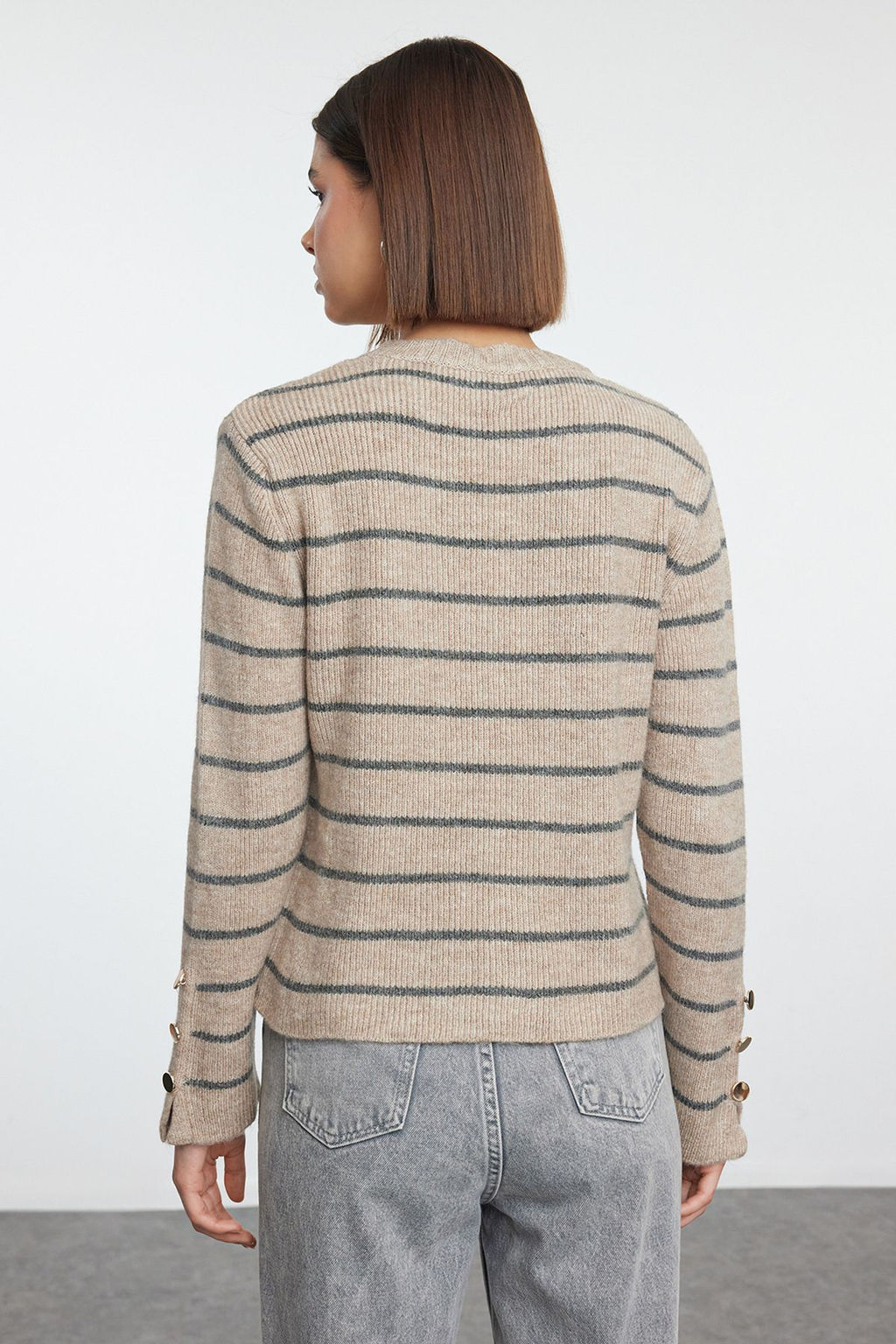 Bej Yumusak Dokulu Basic Cizgili Triko Kazak TWOAW25KZ00235