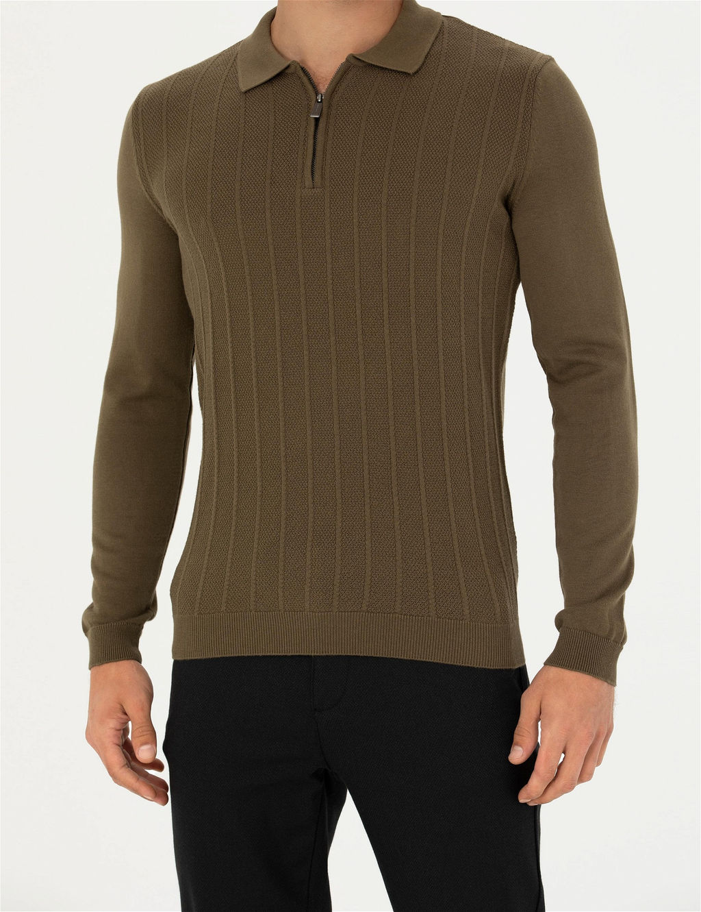 Koyu Haki Slim Fit Fermuarl_ Polo Yaka Triko Kazak