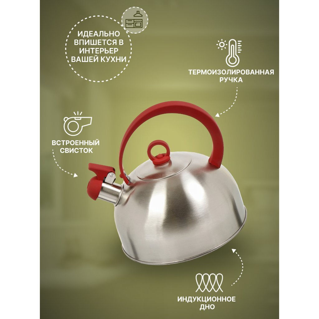 Чайник нерж. сталь, 2.8 л, со свистком, зеркальн., ручка с покр., нейлон, Daniks, индукция GS-04003  фото 10