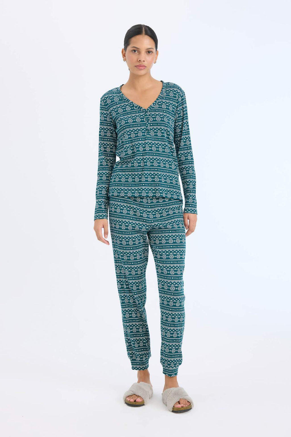 Fall in Love Y?lbas? Temal? Pijama Tak?m? Waffle Kumas Uzun Kollu Pijama Ustu Esnek Belli Uzun Pijama Alt? - Defacto фото 2