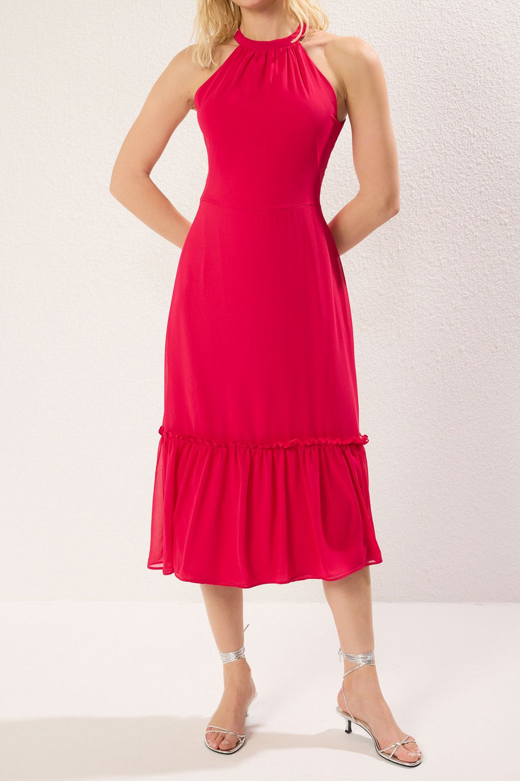 Fusya A Kesim Volanl? Midi Dokuma Elbise TWOSS19LJ0200