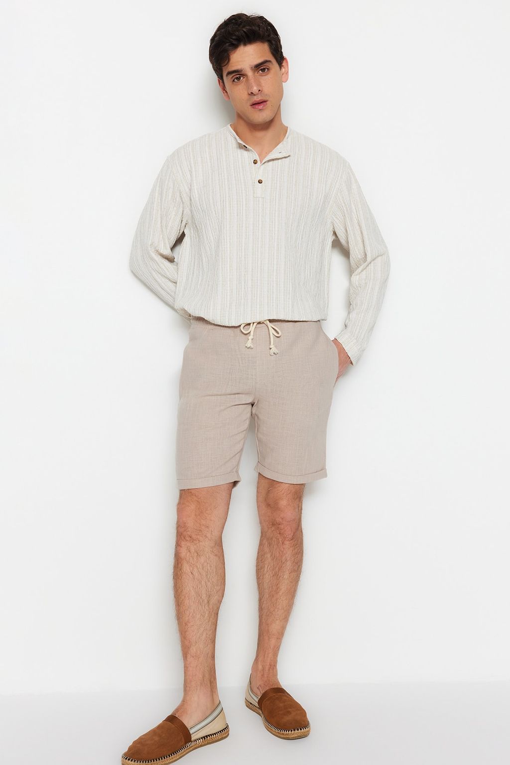 TRENDYOL MAN Ekru Regular Fit Keten Gorunumlu Sort TMNSS23SR00030 - Trendyolmilla фото 10