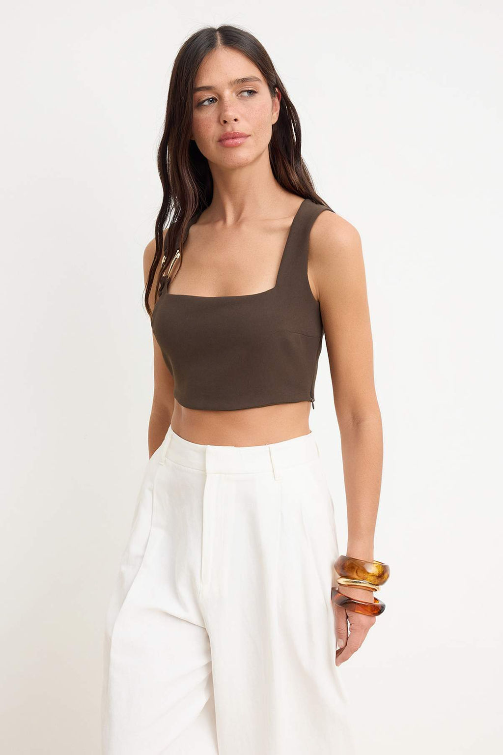 Kahverengi Kare Yaka Fitted Crop Bluz TWOSS26BZ00659 - Trendyolmilla фото 3
