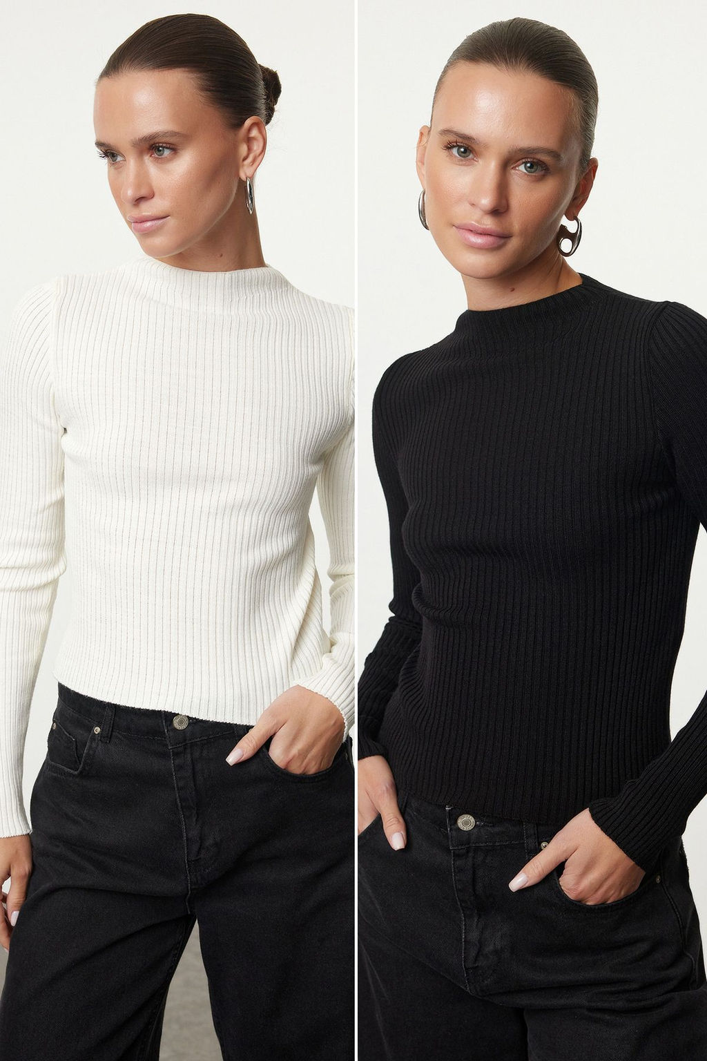 TRENDYOLMILLA Siyah-Ekru Basic 2li Paket Triko Kazak TWOAW25KZ00370