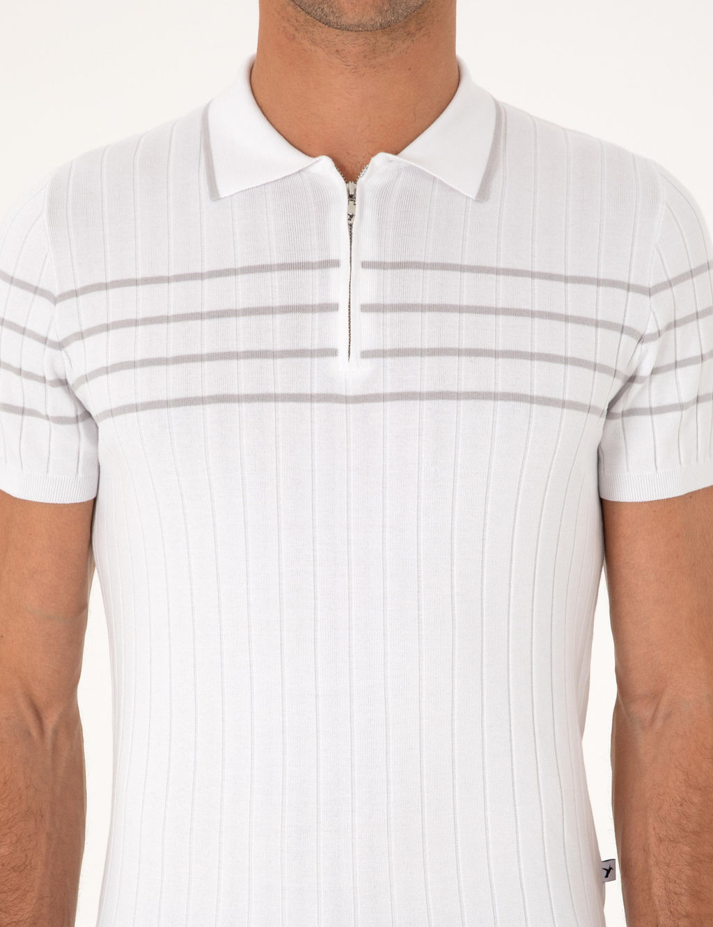 Beyaz Slim Fit %100 Pamuk Fermuarl_ Polo Yaka Triko T-shirt