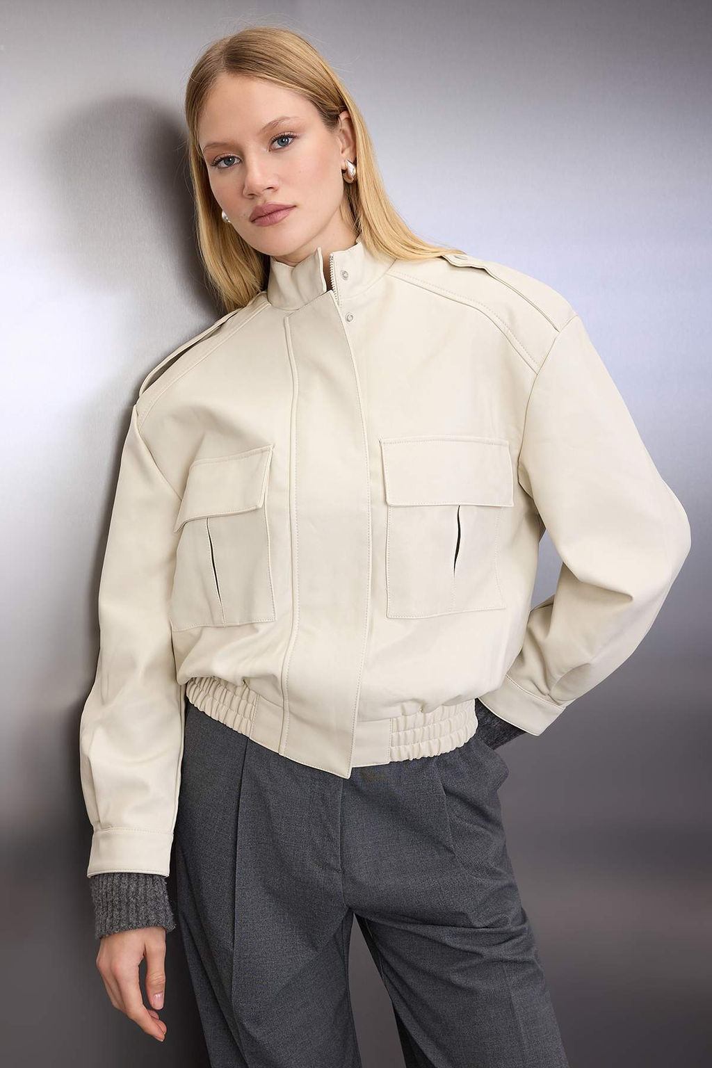 Ekru Oversize Kal?p Suni Deri Bomber Ince Ceket Mont TWOAW26MO00001 - Trendyolmilla фото 6