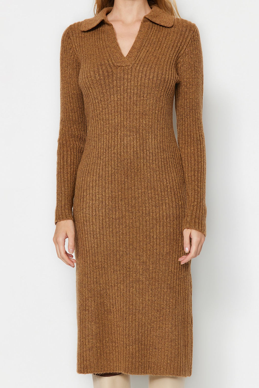 Camel Midi Triko Yumusak Dokulu Polo Yaka Elbise TWOAW24EL00026