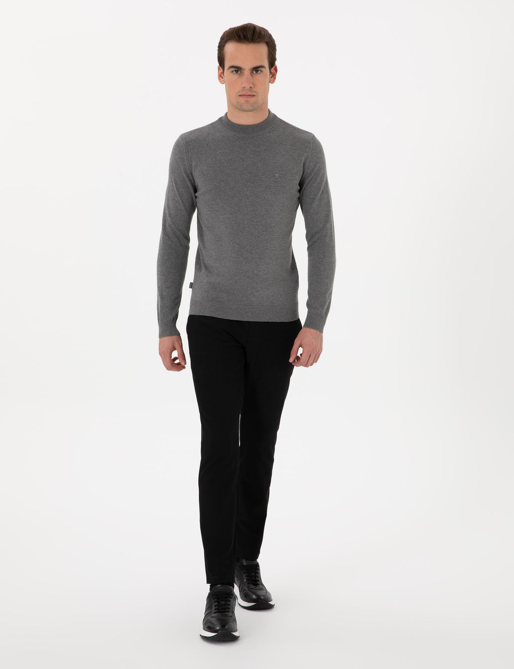 Gri Melanj Slim Fit _eyrek Yaka Basic Triko Kazak