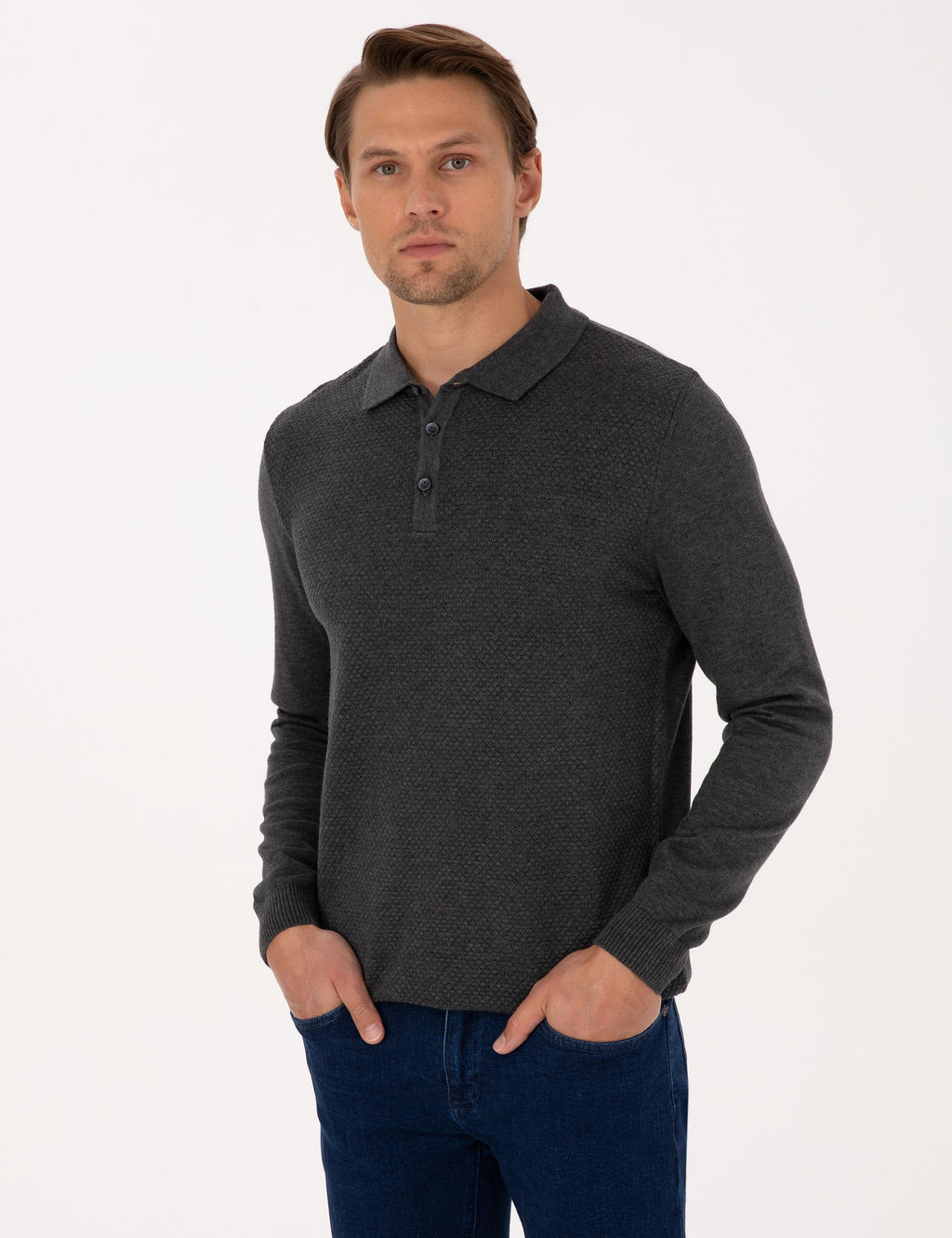 Antrasit Melanj Slim Fit Polo Yaka D__meli Triko Kazak