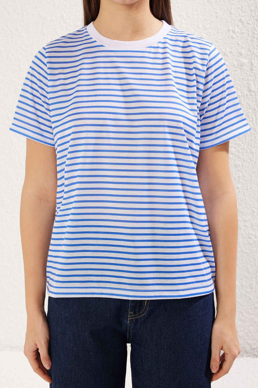 Saks Cizgili Basic Bisiket Yaka K?sa Kol Regular Kal?p Orme T-Shirt TWOSS21TS0904