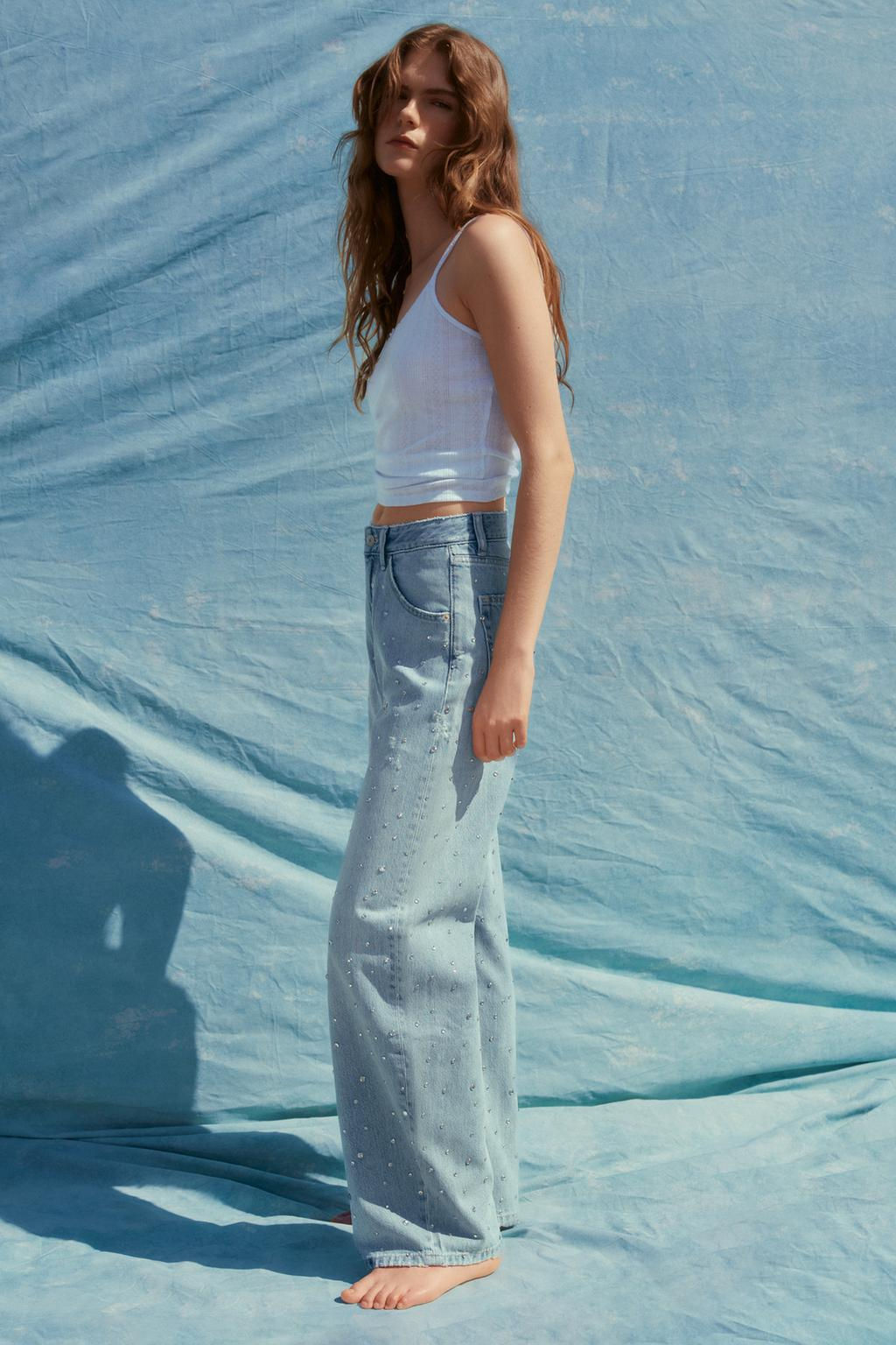TRF CURVED RHINESTONE HIGH-WAIST JEANS - Zara фото 3