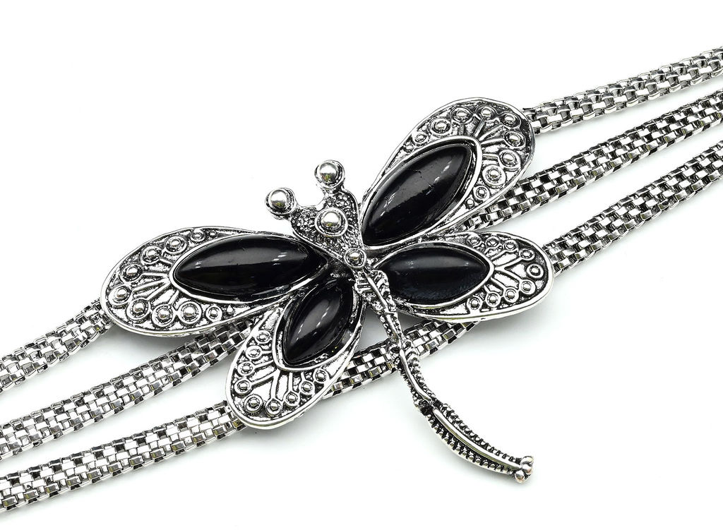 Браслет на металлической основе "Стрекоза" с агатом черным (имитация), 21см