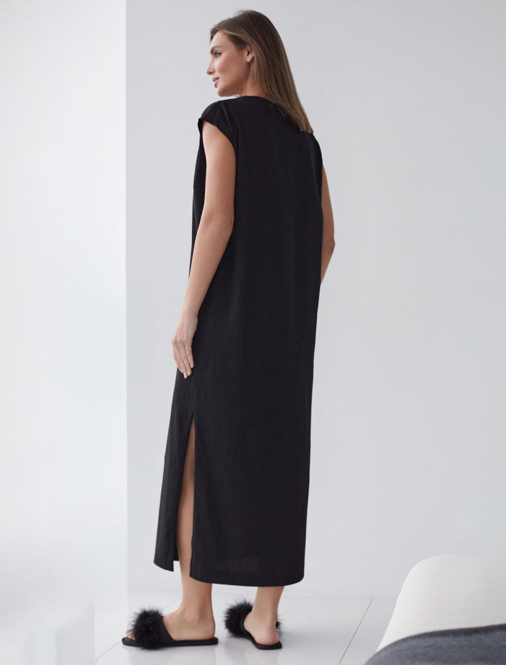 Длинное прямое платье с разрезами из 100% хлопка - Vilatte фото 3