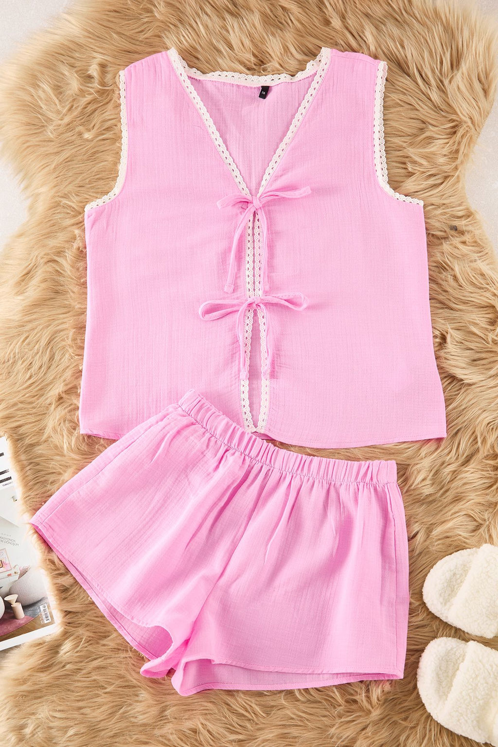 Trendyolmilla Pembe %100 Pamuklu Dantelli ve Baglama/Fiyonklu Muslin Sortlu Dokuma Pijama Tak?m? THMSS25PT00025 фото 6